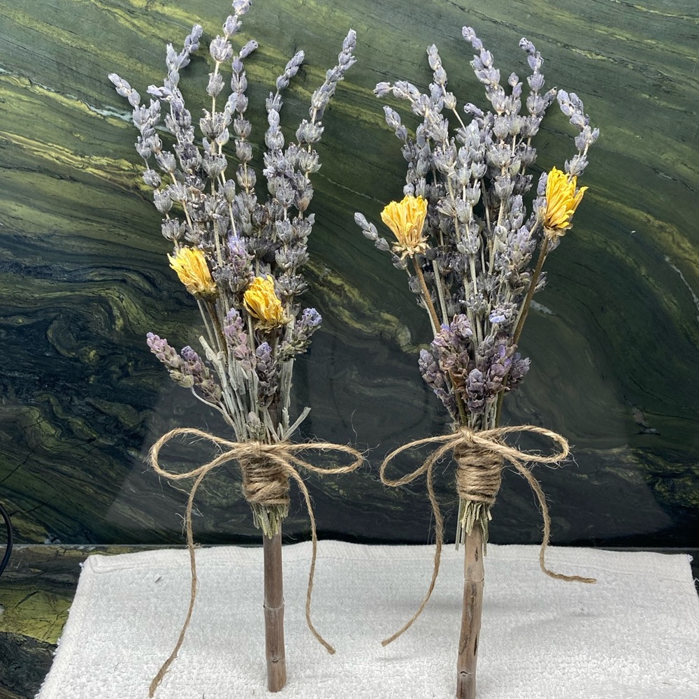 Hand Crafted Floral Bouquets White Sage Lavender and Yellow Dried Set of 2